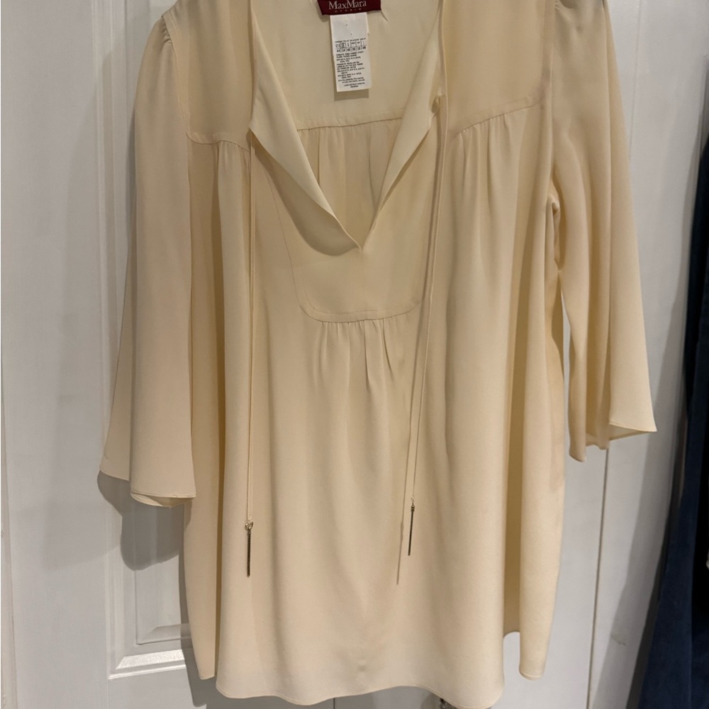 MaxMara Cream 3/4 Sleeve Tie Front Silk Blouse size 14 NWOT